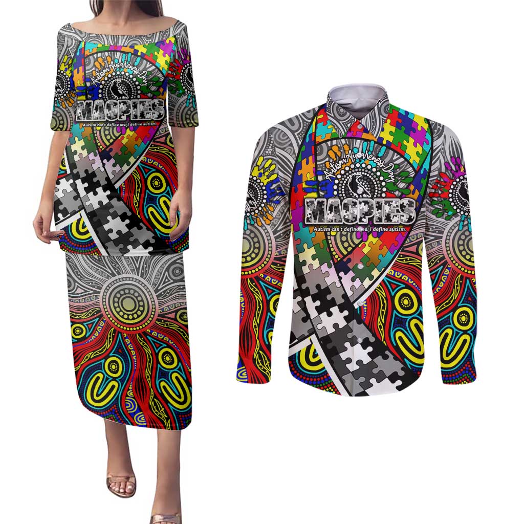 Autism Awareness Australia Collingwood Magpies Couples Matching Puletasi and Long Sleeve Button Shirt Aboriginal Indigenous Art