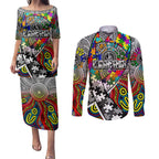 Autism Awareness Australia Collingwood Magpies Couples Matching Puletasi and Long Sleeve Button Shirt Aboriginal Indigenous Art
