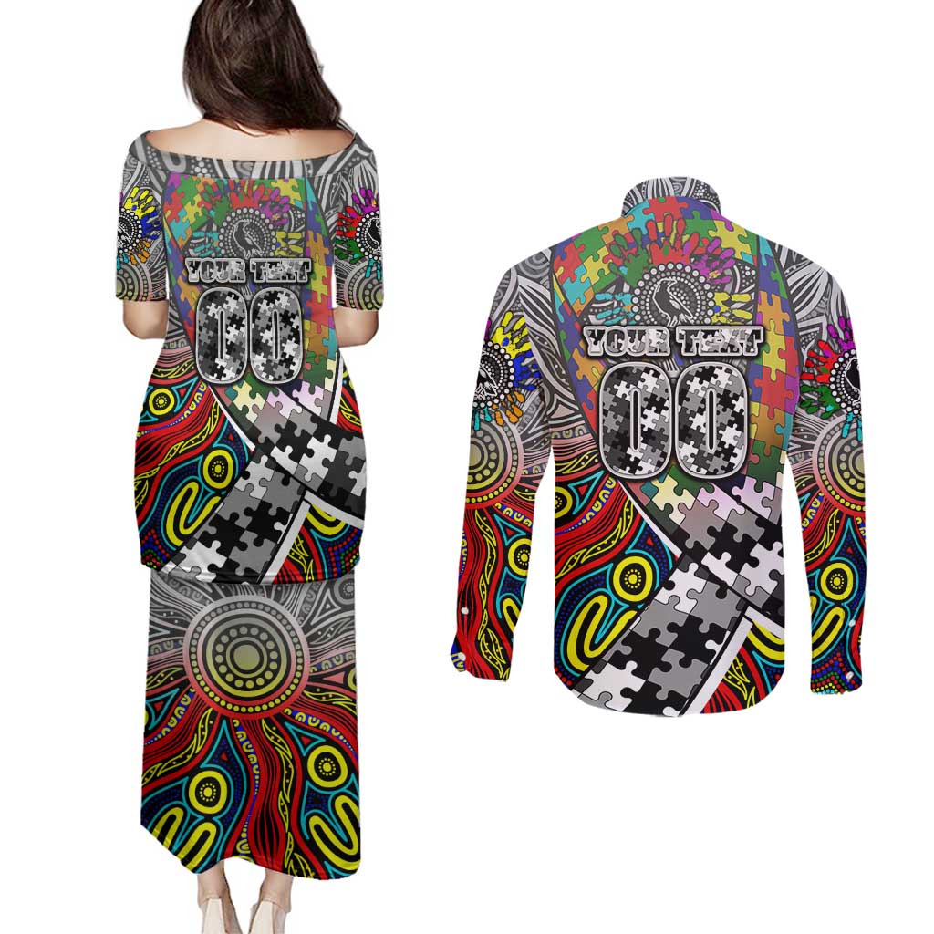 Autism Awareness Australia Collingwood Magpies Couples Matching Puletasi and Long Sleeve Button Shirt Aboriginal Indigenous Art