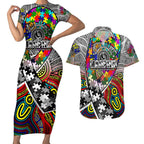 Autism Awareness Australia Collingwood Magpies Couples Matching Short Sleeve Bodycon Dress and Hawaiian Shirt Aboriginal Indigenous Art