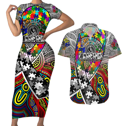 Autism Awareness Australia Collingwood Magpies Couples Matching Short Sleeve Bodycon Dress and Hawaiian Shirt Aboriginal Indigenous Art