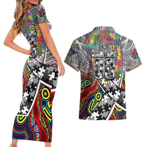 Autism Awareness Australia Collingwood Magpies Couples Matching Short Sleeve Bodycon Dress and Hawaiian Shirt Aboriginal Indigenous Art