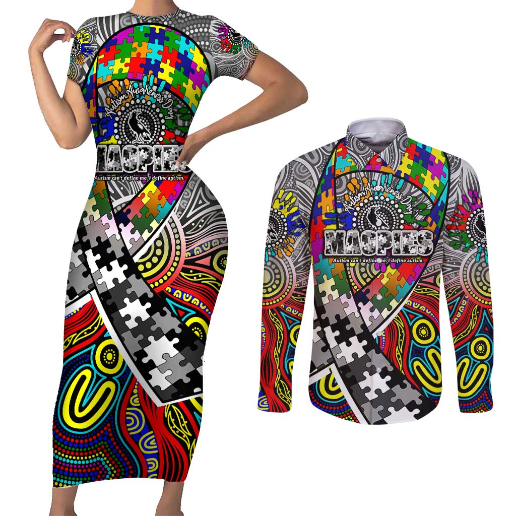 Autism Awareness Australia Collingwood Magpies Couples Matching Short Sleeve Bodycon Dress and Long Sleeve Button Shirt Aboriginal Indigenous Art