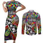 Autism Awareness Australia Collingwood Magpies Couples Matching Short Sleeve Bodycon Dress and Long Sleeve Button Shirt Aboriginal Indigenous Art