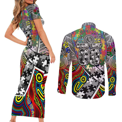 Autism Awareness Australia Collingwood Magpies Couples Matching Short Sleeve Bodycon Dress and Long Sleeve Button Shirt Aboriginal Indigenous Art