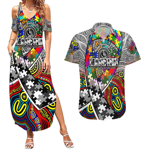 Autism Awareness Australia Collingwood Magpies Couples Matching Summer Maxi Dress and Hawaiian Shirt Aboriginal Indigenous Art
