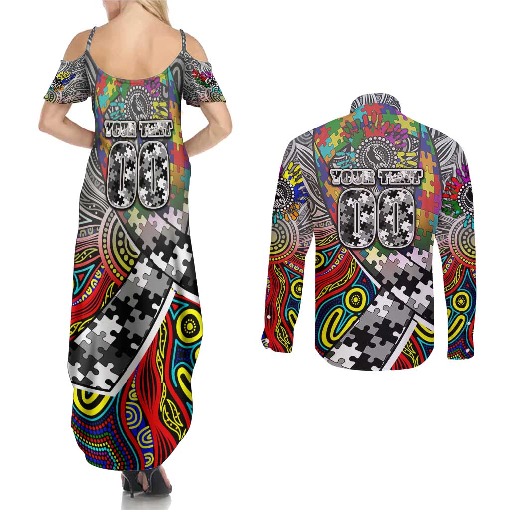 Autism Awareness Australia Collingwood Magpies Couples Matching Summer Maxi Dress and Long Sleeve Button Shirt Aboriginal Indigenous Art