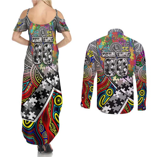 Autism Awareness Australia Collingwood Magpies Couples Matching Summer Maxi Dress and Long Sleeve Button Shirt Aboriginal Indigenous Art
