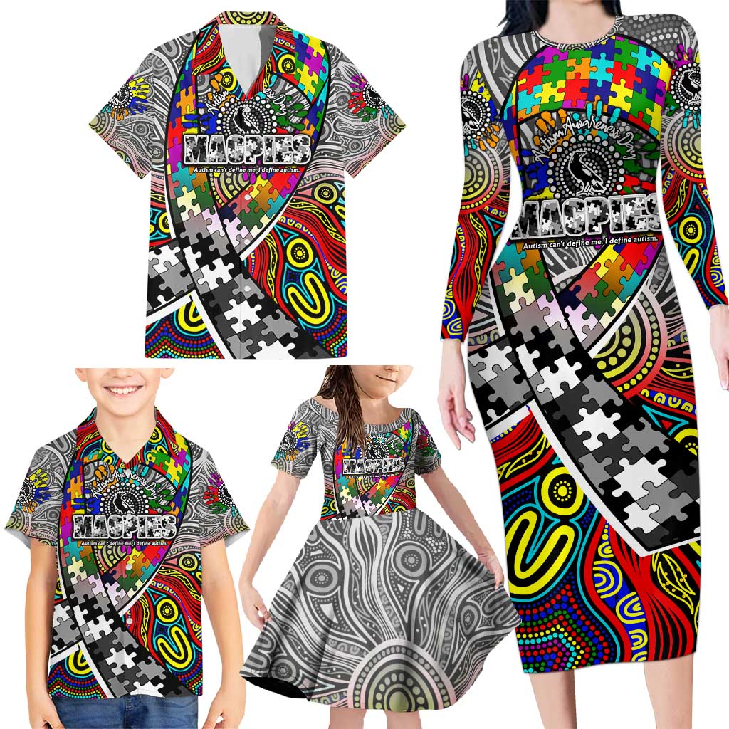 Autism Awareness Australia Collingwood Magpies Family Matching Long Sleeve Bodycon Dress and Hawaiian Shirt Aboriginal Indigenous Art