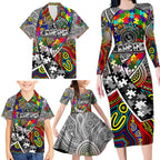 Autism Awareness Australia Collingwood Magpies Family Matching Long Sleeve Bodycon Dress and Hawaiian Shirt Aboriginal Indigenous Art