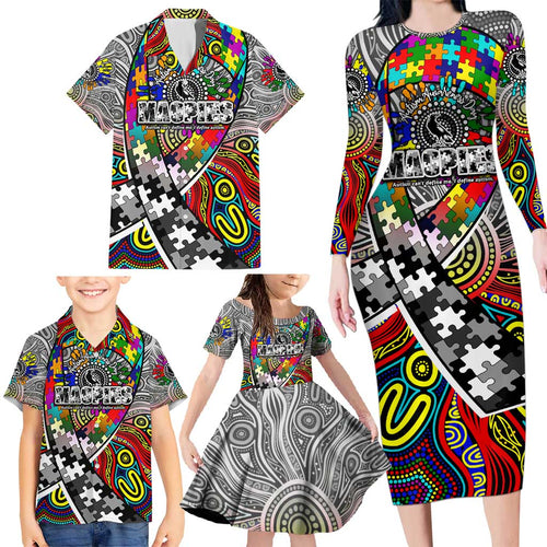 Autism Awareness Australia Collingwood Magpies Family Matching Long Sleeve Bodycon Dress and Hawaiian Shirt Aboriginal Indigenous Art