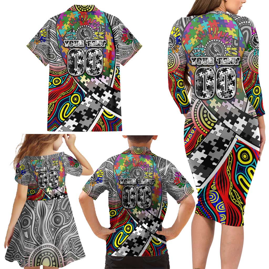 Autism Awareness Australia Collingwood Magpies Family Matching Long Sleeve Bodycon Dress and Hawaiian Shirt Aboriginal Indigenous Art