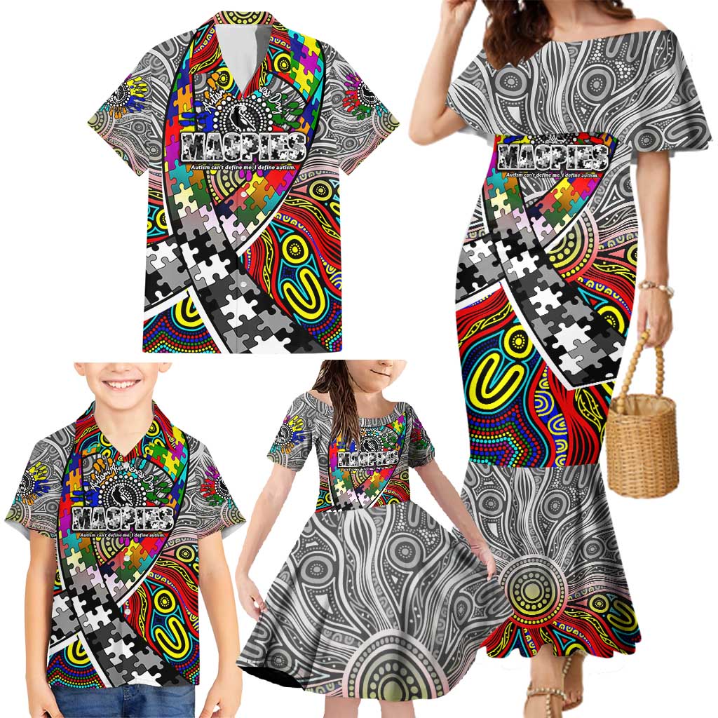 Autism Awareness Australia Collingwood Magpies Family Matching Mermaid Dress and Hawaiian Shirt Aboriginal Indigenous Art