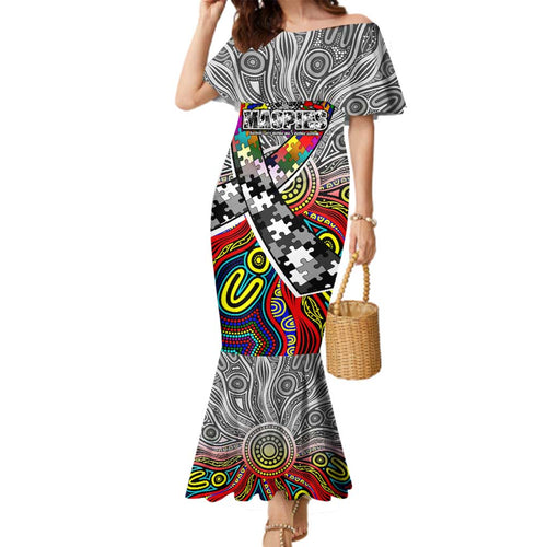 Autism Awareness Australia Collingwood Magpies Family Matching Mermaid Dress and Hawaiian Shirt Aboriginal Indigenous Art