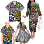 Autism Awareness Australia Collingwood Magpies Family Matching Off The Shoulder Long Sleeve Dress and Hawaiian Shirt Aboriginal Indigenous Art