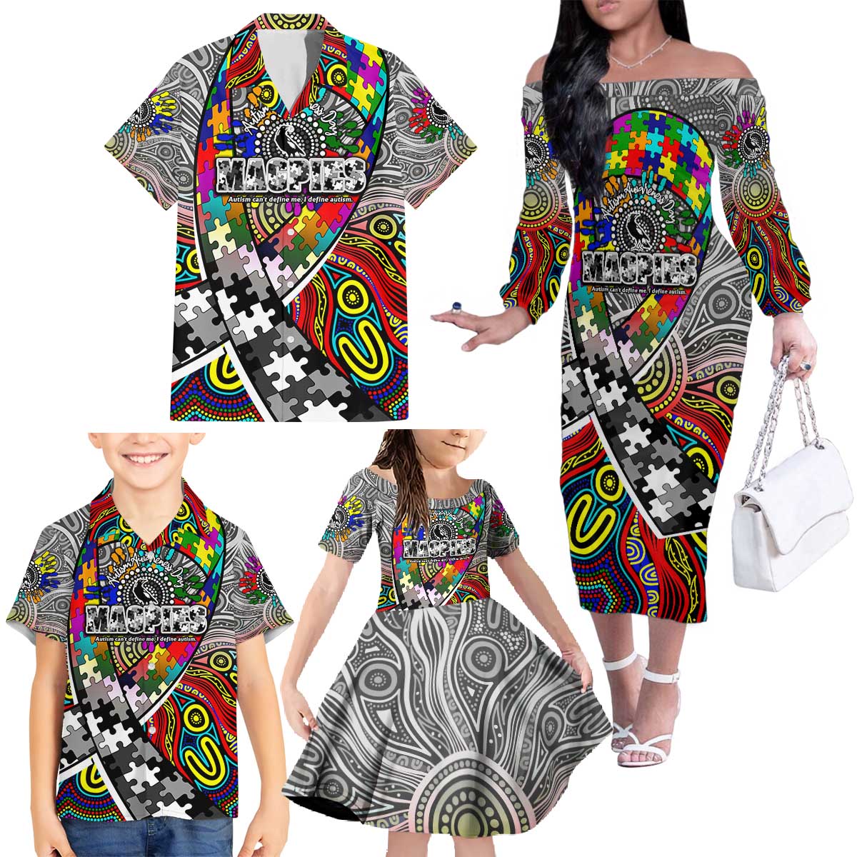Autism Awareness Australia Collingwood Magpies Family Matching Off The Shoulder Long Sleeve Dress and Hawaiian Shirt Aboriginal Indigenous Art