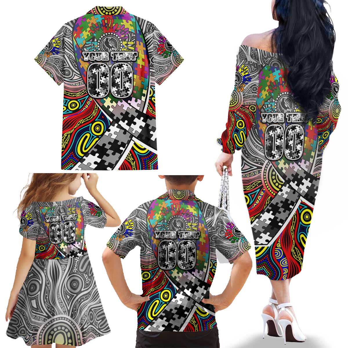 Autism Awareness Australia Collingwood Magpies Family Matching Off The Shoulder Long Sleeve Dress and Hawaiian Shirt Aboriginal Indigenous Art
