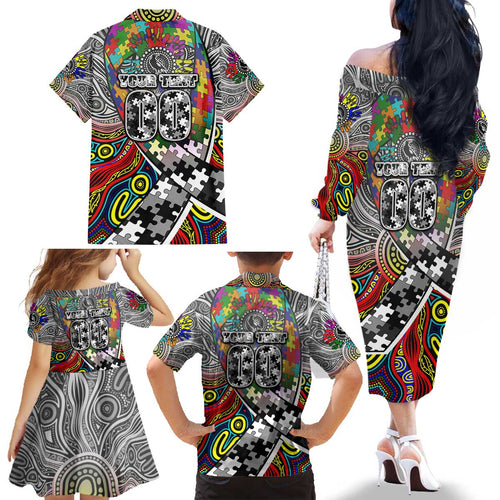 Autism Awareness Australia Collingwood Magpies Family Matching Off The Shoulder Long Sleeve Dress and Hawaiian Shirt Aboriginal Indigenous Art