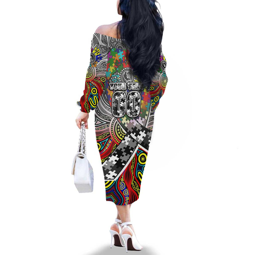Autism Awareness Australia Collingwood Magpies Family Matching Off The Shoulder Long Sleeve Dress and Hawaiian Shirt Aboriginal Indigenous Art