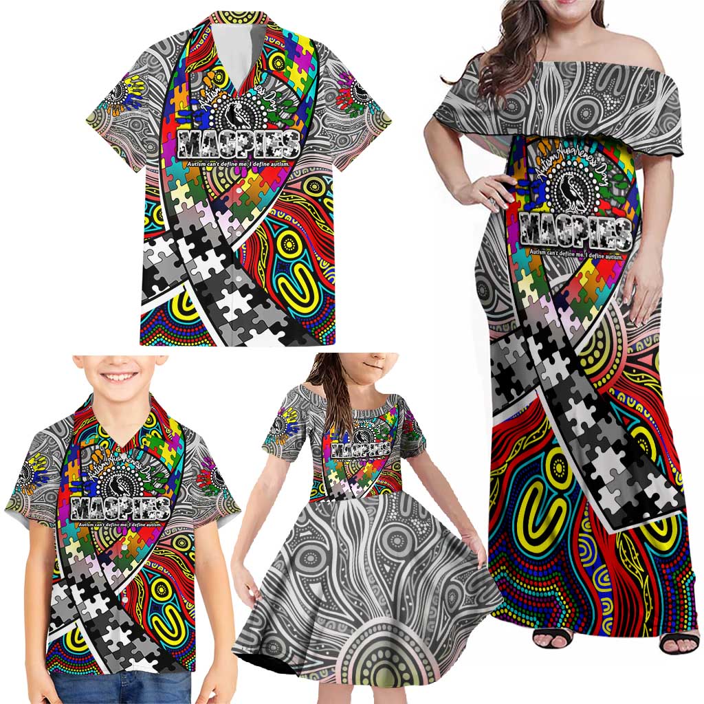 Autism Awareness Australia Collingwood Magpies Family Matching Off Shoulder Maxi Dress and Hawaiian Shirt Aboriginal Indigenous Art