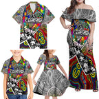 Autism Awareness Australia Collingwood Magpies Family Matching Off Shoulder Maxi Dress and Hawaiian Shirt Aboriginal Indigenous Art