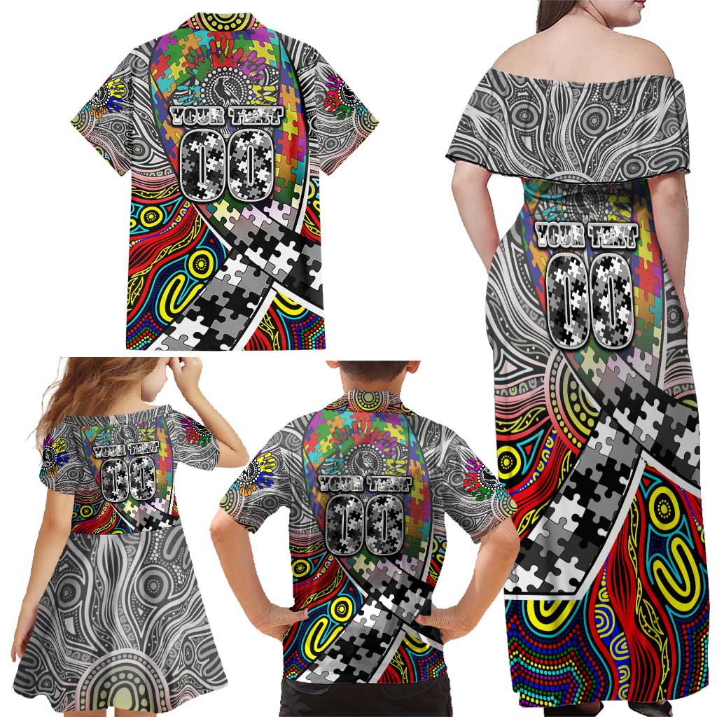 Autism Awareness Australia Collingwood Magpies Family Matching Off Shoulder Maxi Dress and Hawaiian Shirt Aboriginal Indigenous Art