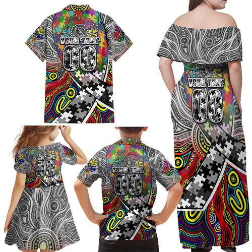 Autism Awareness Australia Collingwood Magpies Family Matching Off Shoulder Maxi Dress and Hawaiian Shirt Aboriginal Indigenous Art
