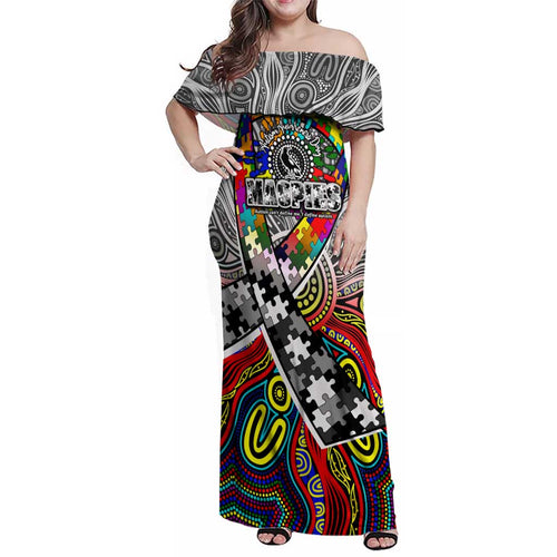 Autism Awareness Australia Collingwood Magpies Family Matching Off Shoulder Maxi Dress and Hawaiian Shirt Aboriginal Indigenous Art