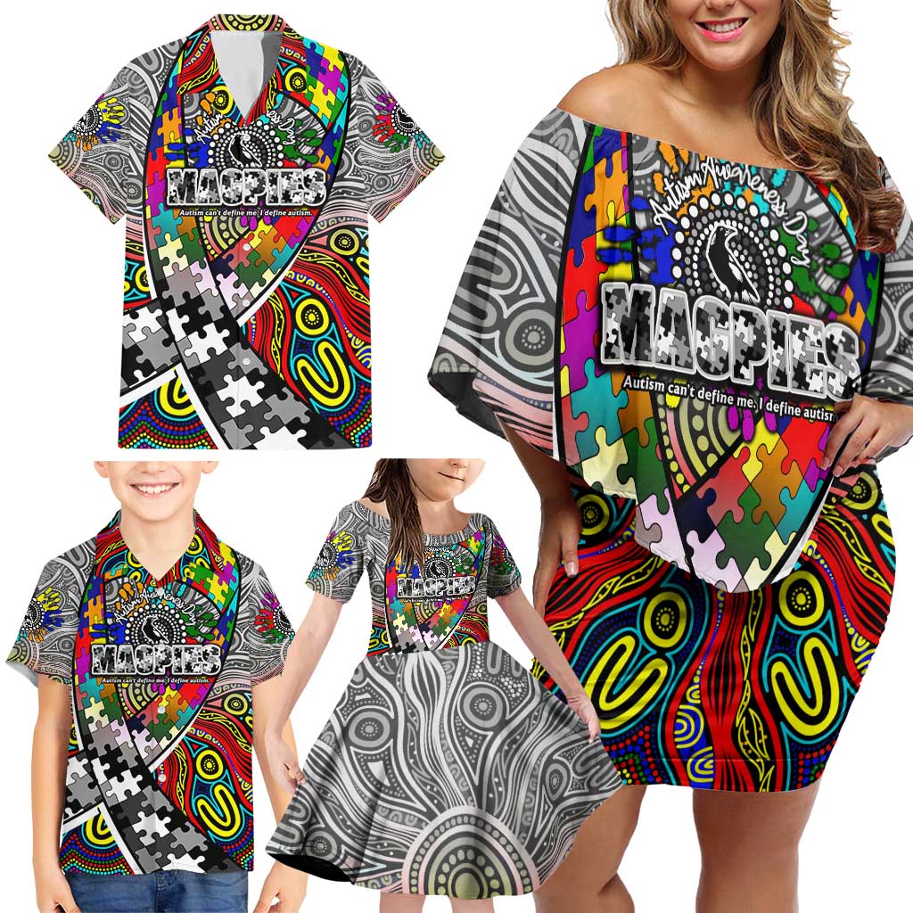 Autism Awareness Australia Collingwood Magpies Family Matching Off Shoulder Short Dress and Hawaiian Shirt Aboriginal Indigenous Art