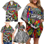 Autism Awareness Australia Collingwood Magpies Family Matching Off Shoulder Short Dress and Hawaiian Shirt Aboriginal Indigenous Art