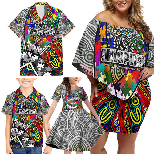 Autism Awareness Australia Collingwood Magpies Family Matching Off Shoulder Short Dress and Hawaiian Shirt Aboriginal Indigenous Art