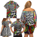 Autism Awareness Australia Collingwood Magpies Family Matching Off Shoulder Short Dress and Hawaiian Shirt Aboriginal Indigenous Art