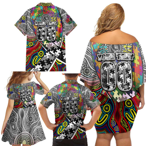 Autism Awareness Australia Collingwood Magpies Family Matching Off Shoulder Short Dress and Hawaiian Shirt Aboriginal Indigenous Art