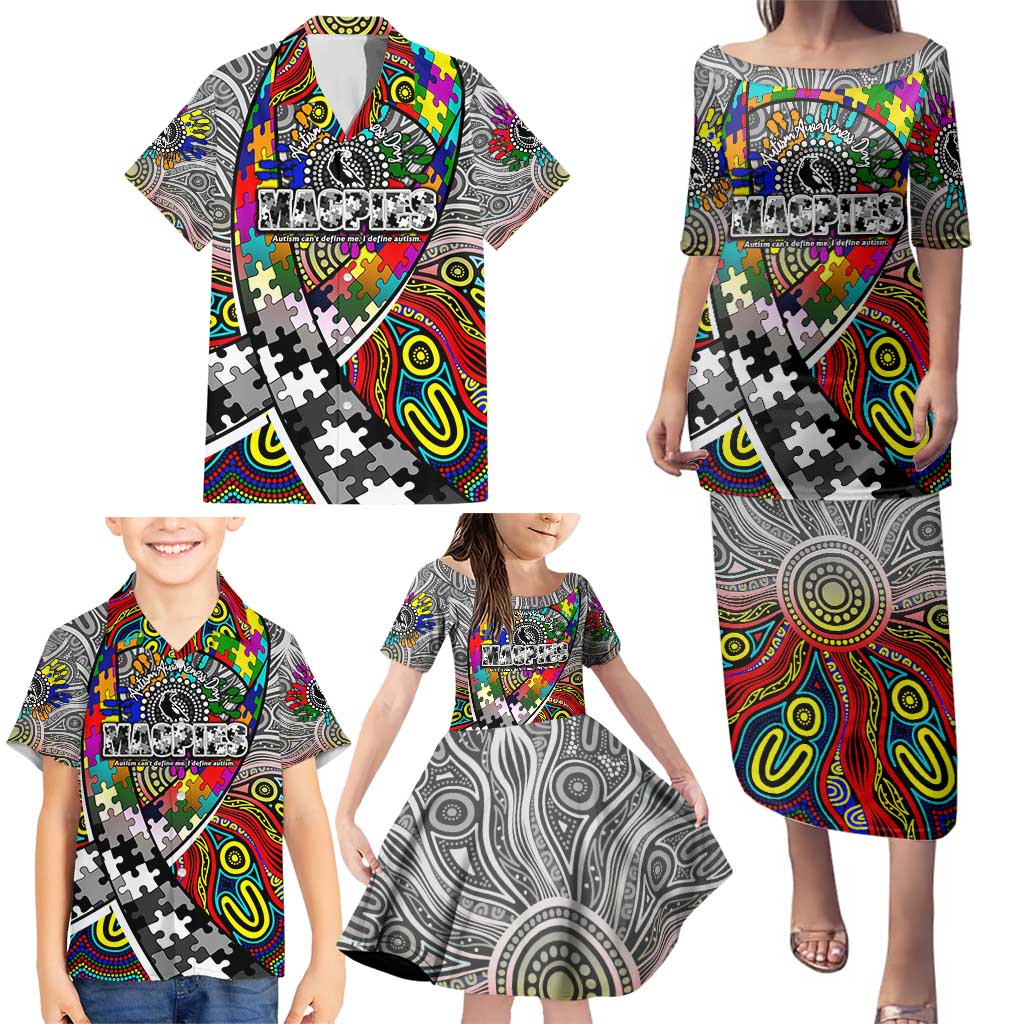 Autism Awareness Australia Collingwood Magpies Family Matching Puletasi and Hawaiian Shirt Aboriginal Indigenous Art