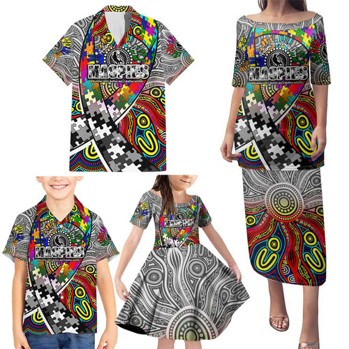 Autism Awareness Australia Collingwood Magpies Family Matching Puletasi and Hawaiian Shirt Aboriginal Indigenous Art