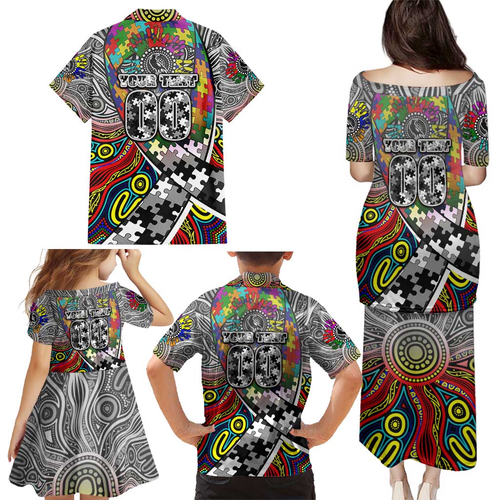 Autism Awareness Australia Collingwood Magpies Family Matching Puletasi and Hawaiian Shirt Aboriginal Indigenous Art