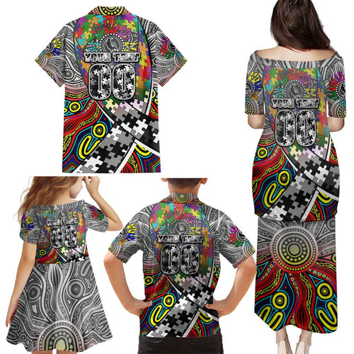 Autism Awareness Australia Collingwood Magpies Family Matching Puletasi and Hawaiian Shirt Aboriginal Indigenous Art