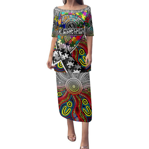 Autism Awareness Australia Collingwood Magpies Family Matching Puletasi and Hawaiian Shirt Aboriginal Indigenous Art