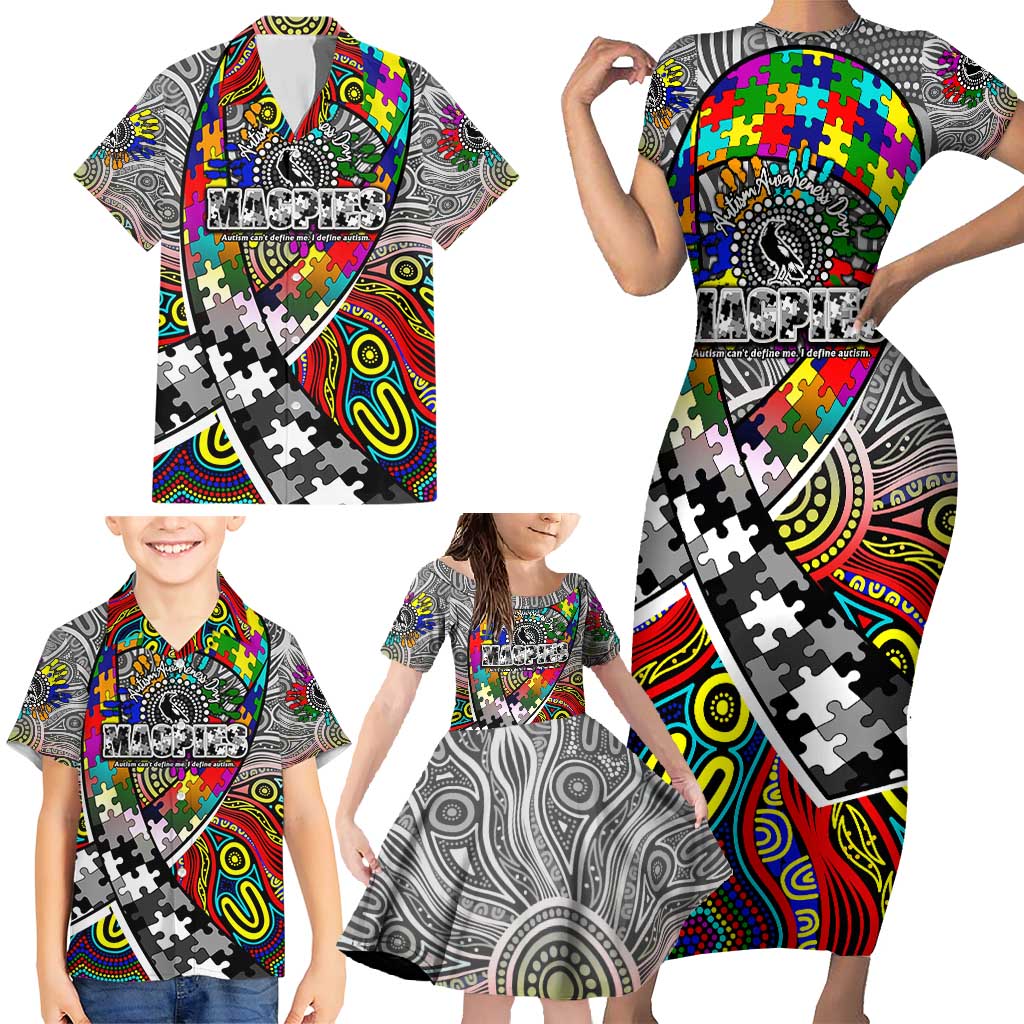 Autism Awareness Australia Collingwood Magpies Family Matching Short Sleeve Bodycon Dress and Hawaiian Shirt Aboriginal Indigenous Art