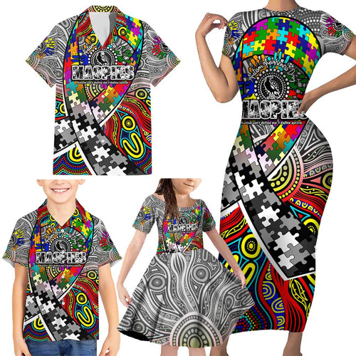 Autism Awareness Australia Collingwood Magpies Family Matching Short Sleeve Bodycon Dress and Hawaiian Shirt Aboriginal Indigenous Art