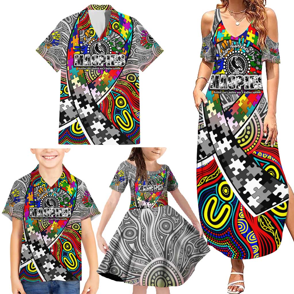 Autism Awareness Australia Collingwood Magpies Family Matching Summer Maxi Dress and Hawaiian Shirt Aboriginal Indigenous Art