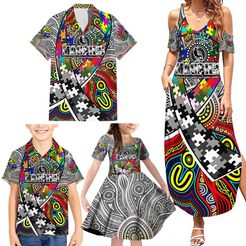 Autism Awareness Australia Collingwood Magpies Family Matching Summer Maxi Dress and Hawaiian Shirt Aboriginal Indigenous Art