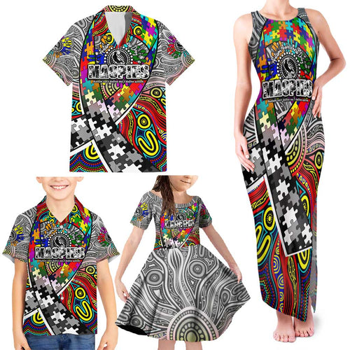 Autism Awareness Australia Collingwood Magpies Family Matching Tank Maxi Dress and Hawaiian Shirt Aboriginal Indigenous Art