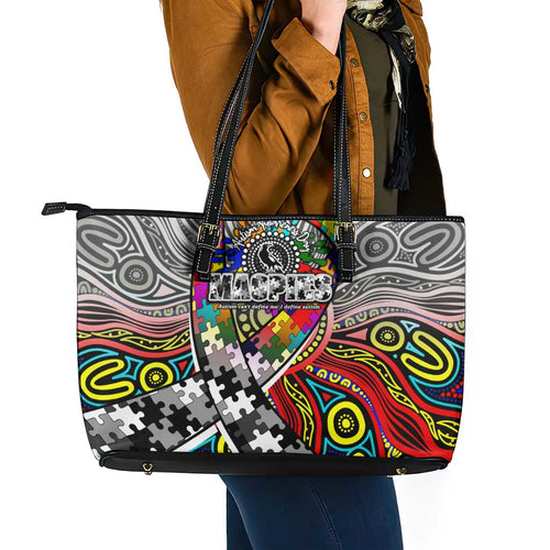 Autism Awareness Australia Collingwood Magpies Leather Tote Bag Aboriginal Indigenous Art
