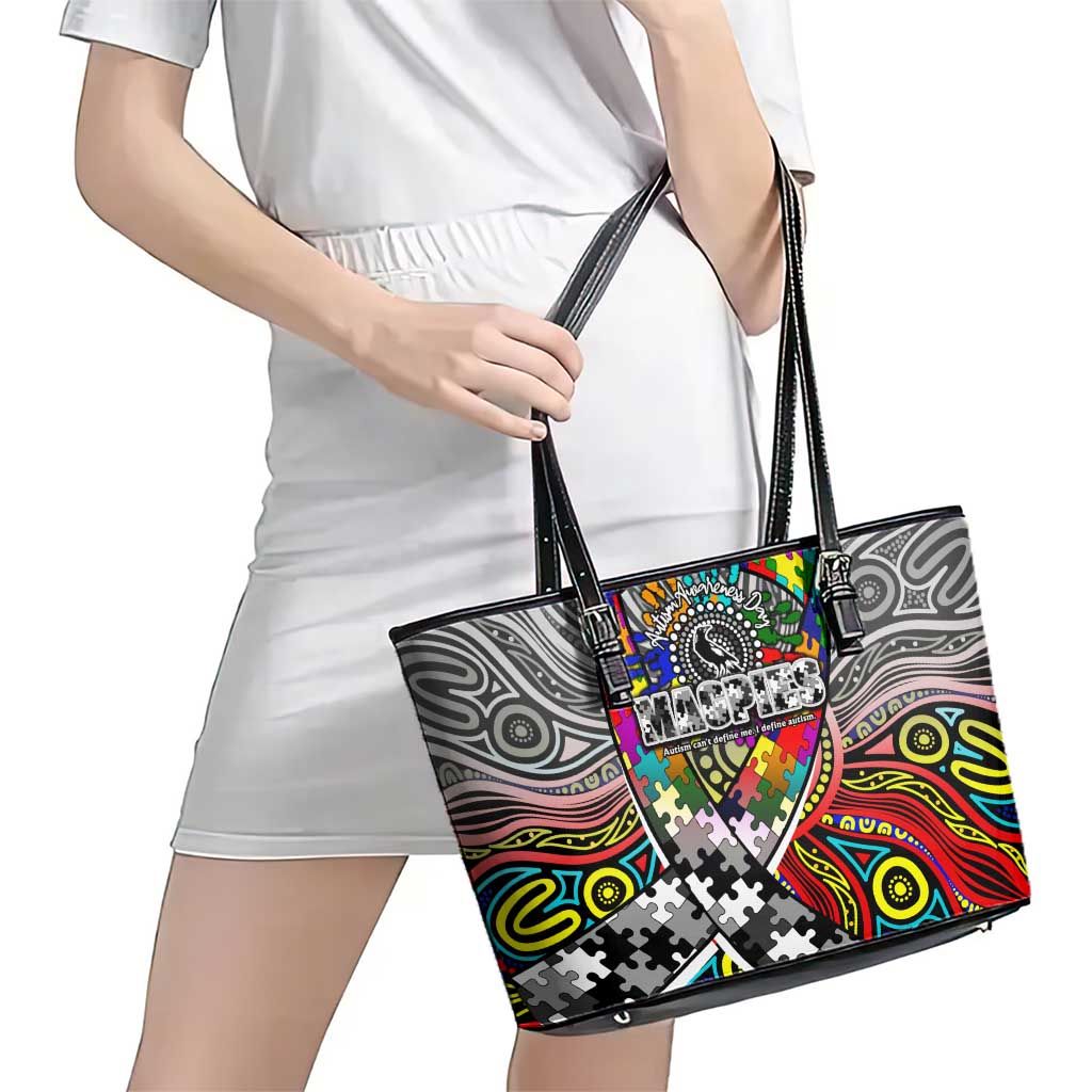 Autism Awareness Australia Collingwood Magpies Leather Tote Bag Aboriginal Indigenous Art