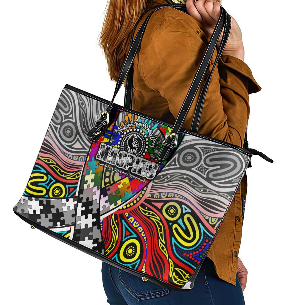 Autism Awareness Australia Collingwood Magpies Leather Tote Bag Aboriginal Indigenous Art