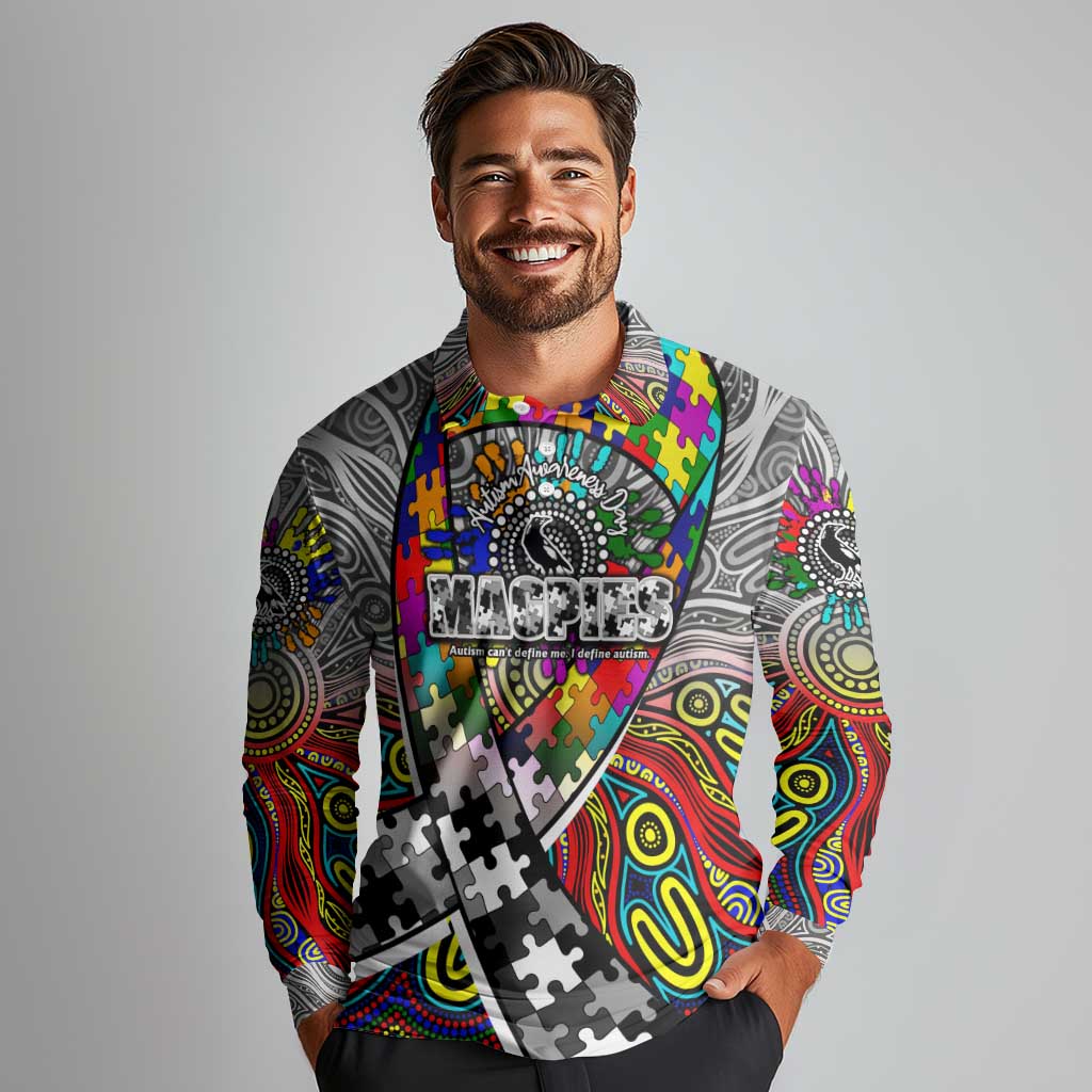 Autism Awareness Australia Collingwood Magpies Long Sleeve Polo Shirt Aboriginal Indigenous Art