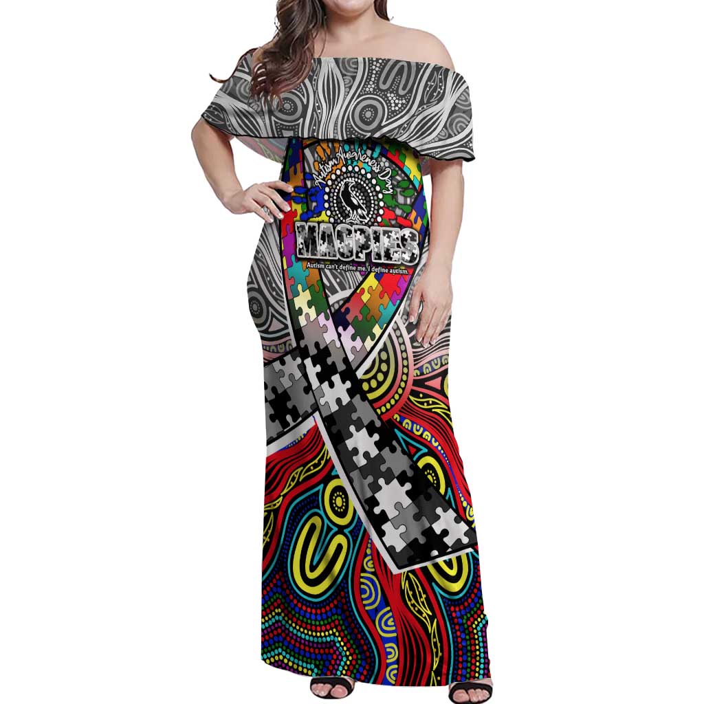 Autism Awareness Australia Collingwood Magpies Off Shoulder Maxi Dress Aboriginal Indigenous Art