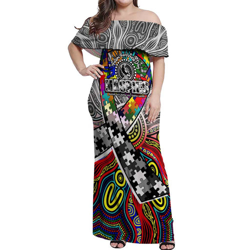 Autism Awareness Australia Collingwood Magpies Off Shoulder Maxi Dress Aboriginal Indigenous Art