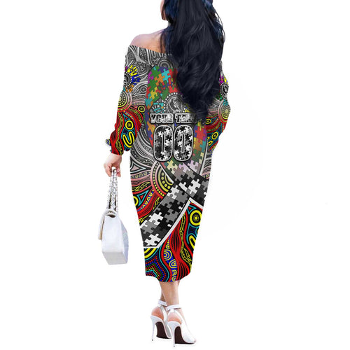 Autism Awareness Australia Collingwood Magpies Off The Shoulder Long Sleeve Dress Aboriginal Indigenous Art